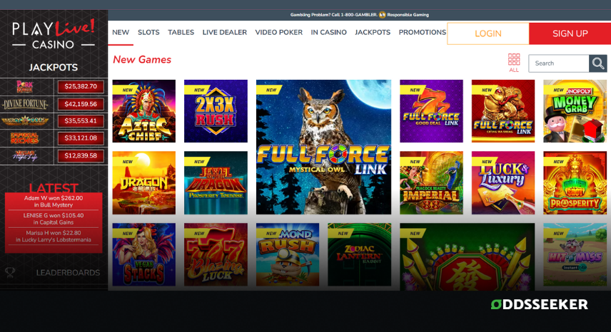A screenshot of the desktop casino games library page for PlayLive! Casino